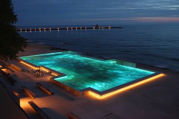 Illuminated swimming pool by the ocean at dusk with colorful lighting and calm water
