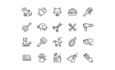 Collection of Pet Grooming Line Icons: Brushes Scissors and More.
