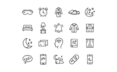 Collection of Sleep-Related Icons Depicting Rest Dreams and Nighttime Activities.