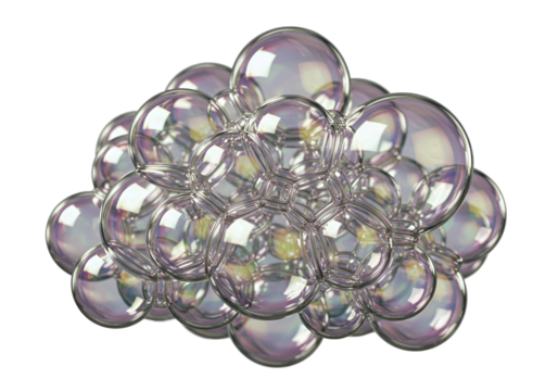 Close up shows a cluster of iridescent soap bubbles on a transparent background, creating a delicate and abstract visual effect.