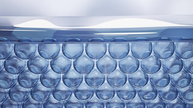 3D animation of clear blue serum flowing through glossy micro capsules. Clean, scientific, and futuristic skincare concept. Perfect for cosmetic product visuals.