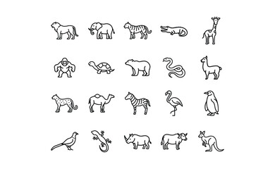 Collection of Line Art Animal Icons: Lion Elephant Tiger Crocodile Giraffe Gorilla Turtle Polar Bear Snake Llama Cheetah Camel Zebra Flamingo Penguin Pheasant Gecko Rhinoceros Water.