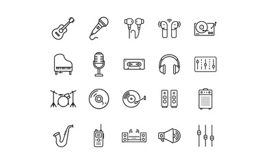 Line art icons depicting musical instruments and audio equipment, including a guitar, microphone, and headphones, arranged in rows.