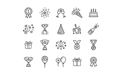 A collection of line art icons representing celebrations, including awards, champagne, cake, gifts, and party decorations.