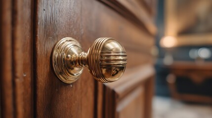 Shiny brass door knob mounted on elegant wooden door. Concept of classic home decor and security.
