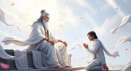 Guru Purnima Festival Illustration Showing Disciple Honoring Guru in Peaceful Ambience
