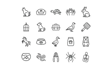 Simple line art icons depicting various pets and pet supplies.
