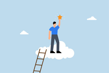 Obraz premium businessman climbs ladder to cloud to reach and grab precious star.