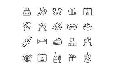Collection of simple line art icons depicting various celebratory items.