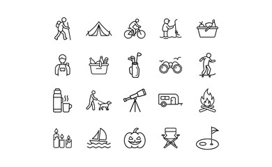 Collection of simple line art icons depicting various outdoor recreational activities and camping gear.