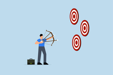 businessman aims several arrows at three targets