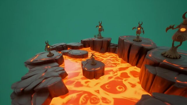 Statues on Rocky Platforms Amidst Flowing Lava Teal Background Low Angle View