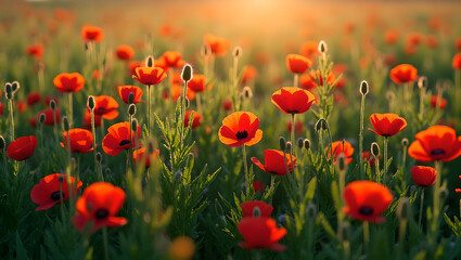 Naklejka premium Red Poppies Field at Sunrise, Vibrant Flowers in Green Meadow