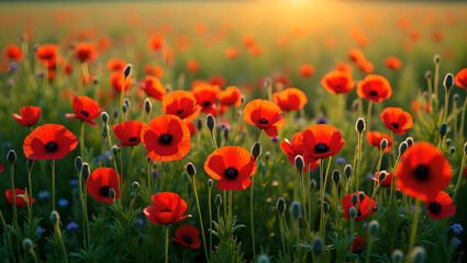 Fototapeta premium Red Poppies in a Sunset Field