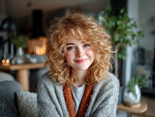 Young woman with curly hair smiling