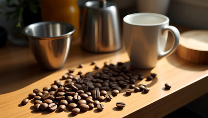 Roasted Coffee Beans and Cups in Warm Sunlight