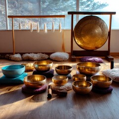 Zen meditation room with bowls