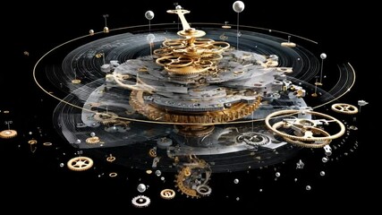 Intricate watch mechanism animation, time lapse with gears and cogs spinning, on black background - Powered by Adobe
