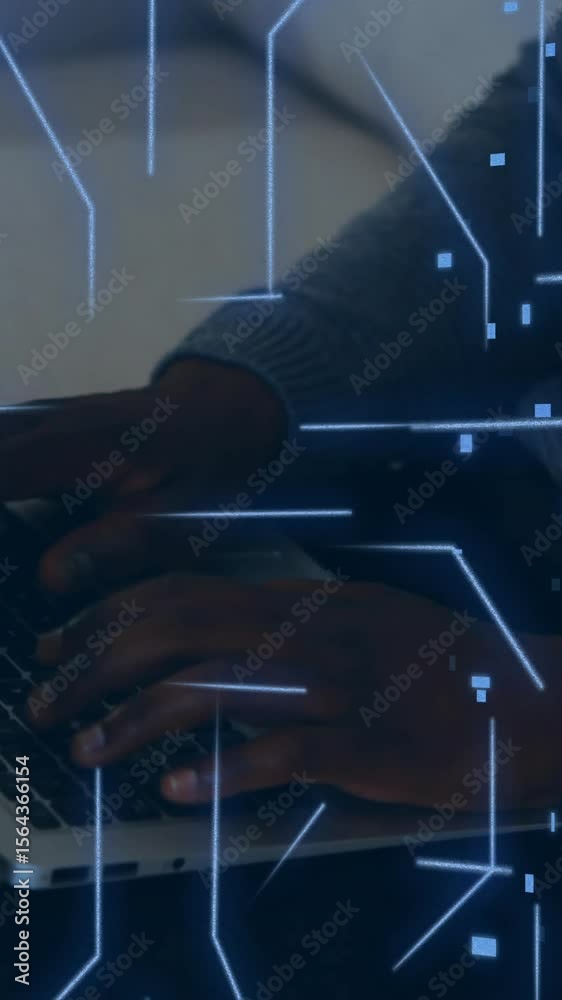 Poster animation of circuit board with data processing over caucasian man using laptop