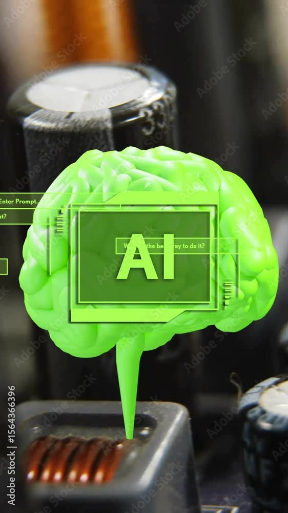 Poster animation of ai text, human brain and data processing over computer servers