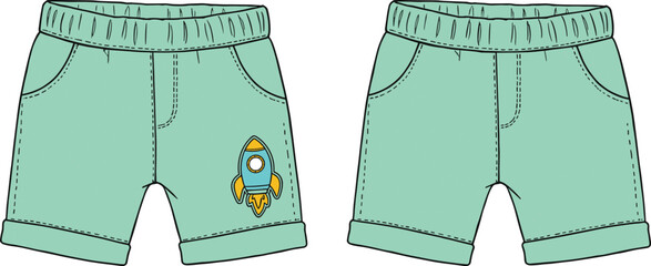 Kids mint green shorts with cartoon rocket patch, turn-up hem, front and back view, vector baby clothing fashion illustration flat vector illustration