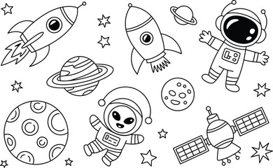 Obraz premium Space Elements Illustration Rockets Astronauts Planets Stars Satellite