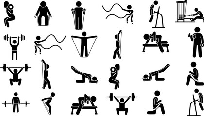 Fototapeta premium Black workout icons set. Simple vector illustrations of different gym exercises, perfect for fitness apps, websites, posters, and educational materials