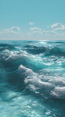 Infinite Turquoise: Capturing the Mesmerizing Dance of Ocean Waves Under Azure Skies with Shimmering Sunlit Crests