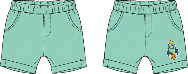 Kids mint green shorts with quilt texture and rocket patch, front back view, toddler casual wear, vector flat fashion sketch flat vector illustration