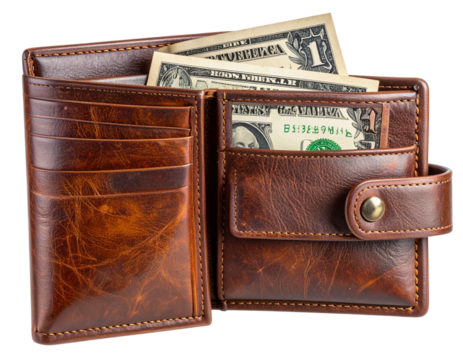  Side-Angle Close-Up of Opened Leather Wallet with Dollar Bill Partially Visible, Isolated on Transparent Background