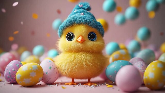 Cute chick with easter eggs