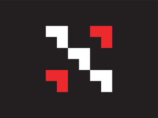 Modern Geometric Pixelated Square Abstract with Red and White on Black Background