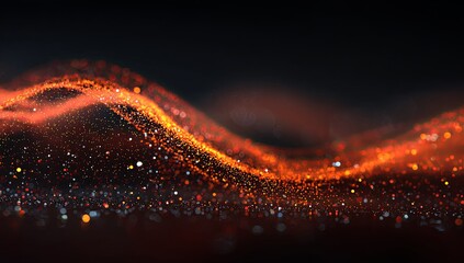 Abstract Red Gold Sparkling Light Waves on Dark Background for Technology and Innovation Concepts