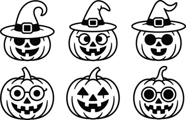 Six Black and White Halloween Pumpkin Faces with Witch Hats and Glasses