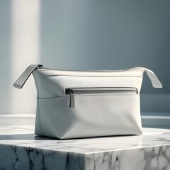 Elegant white leather cosmetic bag with zipper closure displayed on a marble surface with soft lighting