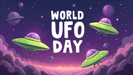A whimsical cartoon celebrating World UFO Day, featuring spaceships, planets and cosmic skies for interstellar themed festivities