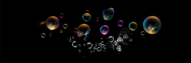 Set of realistic transparent colorful soap bubbles with rainbow reflection isolated on checkered background. Vector texture.