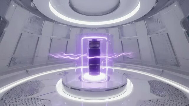 Next gen battery tech concept with arcing purple electricity, within a sleek, futuristic lab with glowing white panels and ambient light