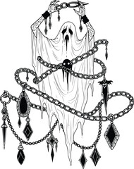 A ghost figure draped in chains and jewels with hands holding a chain above
