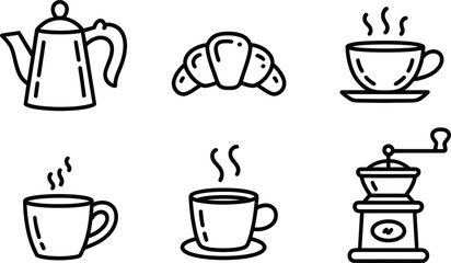 Coffee and Breakfast Icons Teapot Croissant Steaming Cups Coffee Grinder