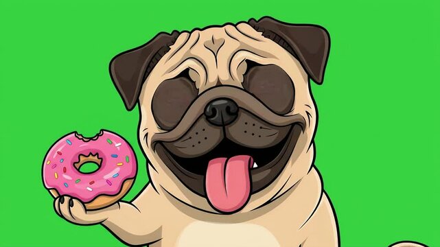 Happy Cartoon Pug Dog Holding Pink Sprinkled Donut on Green Background