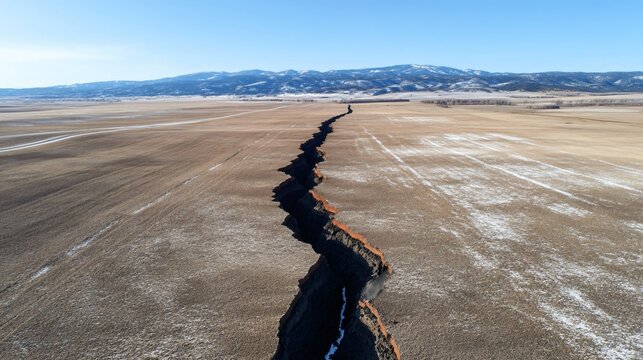 massive crustal rupture across dry terrain, fault line splitting ground, tectonic plate shift