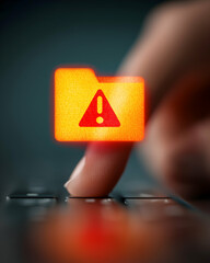 A finger presses a keyboard key beneath a glowing digital warning icon shaped like a folder with an exclamation mark.