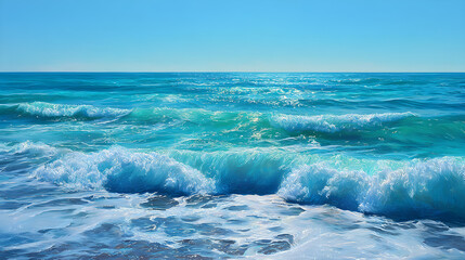 Infinite Turquoise: Capturing the Mesmerizing Dance of Ocean Waves Under Azure Skies with Shimmering Sunlit Crests