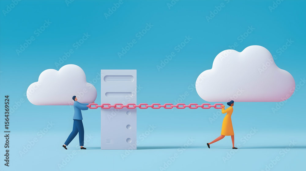 Aufkleber two people connect a server to a cloud using a red chain, symbolizing cloud computing and data trans