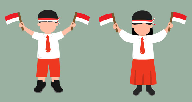 cartoon elementary student holding indonesian flag celebrating indonesia independece day  
