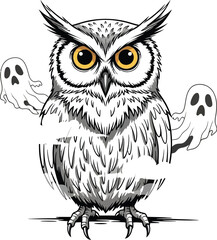Fototapeta premium Illustration of an owl with yellow eyes and two ghosts behind its wings