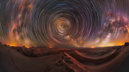 Night sky star trails over desert landscape with colorful nebula and sand dunes in foreground