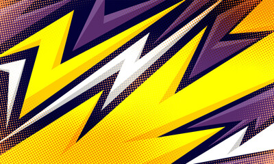 white, purple and yellow colors with halftone and geometric shapes of lightning sports background
