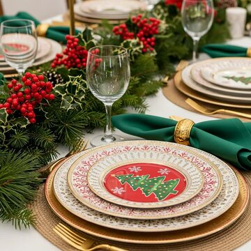 Festive Christmas dining table setting with decorative plates, green napkins, and holiday branches for dinner footage.